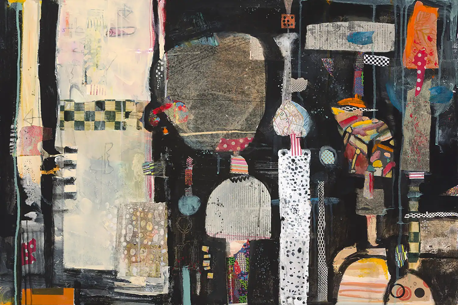 Colorful abstract collage artwork featuring layered patterns, textures, and geometric shapes at Threshold Exhibition.