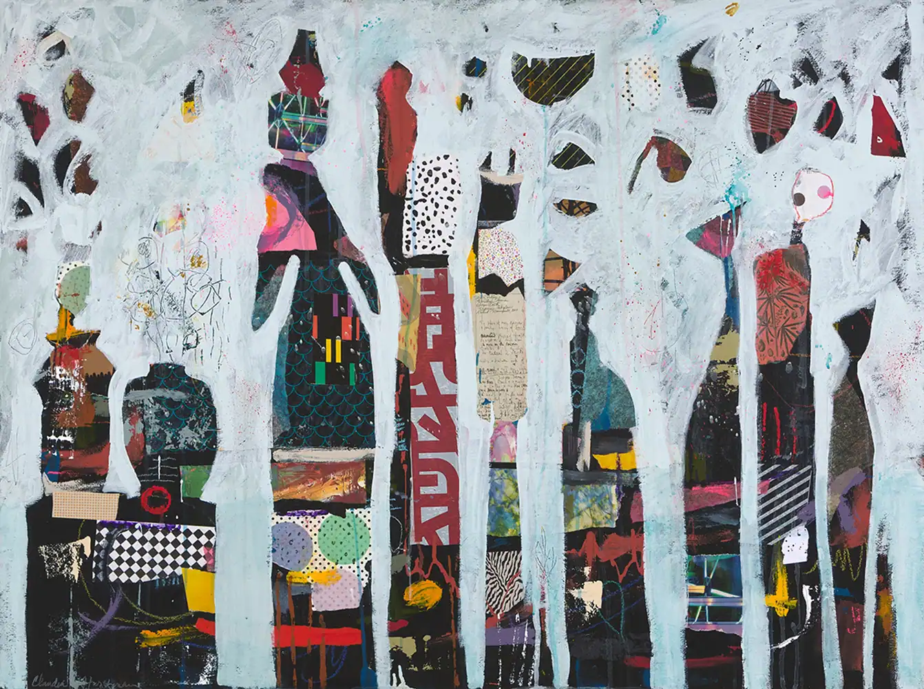 Vibrant abstract artwork featuring layered collage of colorful shapes, patterns, and silhouettes at Threshold Exhibition.