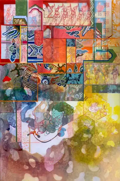 Vibrant abstract artwork featuring colorful geometric and traditional Asian-inspired patterns and figures.