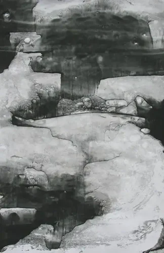 Dark abstract landscape art, monochrome ink wash painting, contemporary art piece, Threshold Exhibition.
