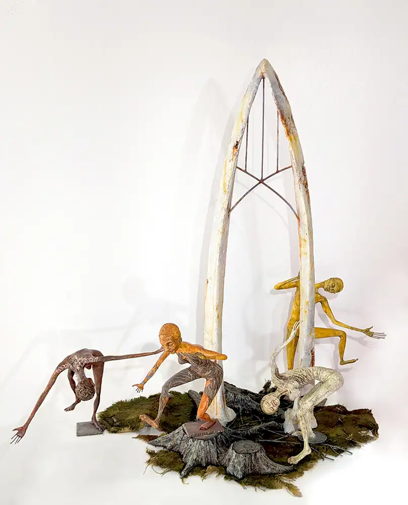 Sculpture art exhibition, contemporary art, wooden and metal sculptures, modern art